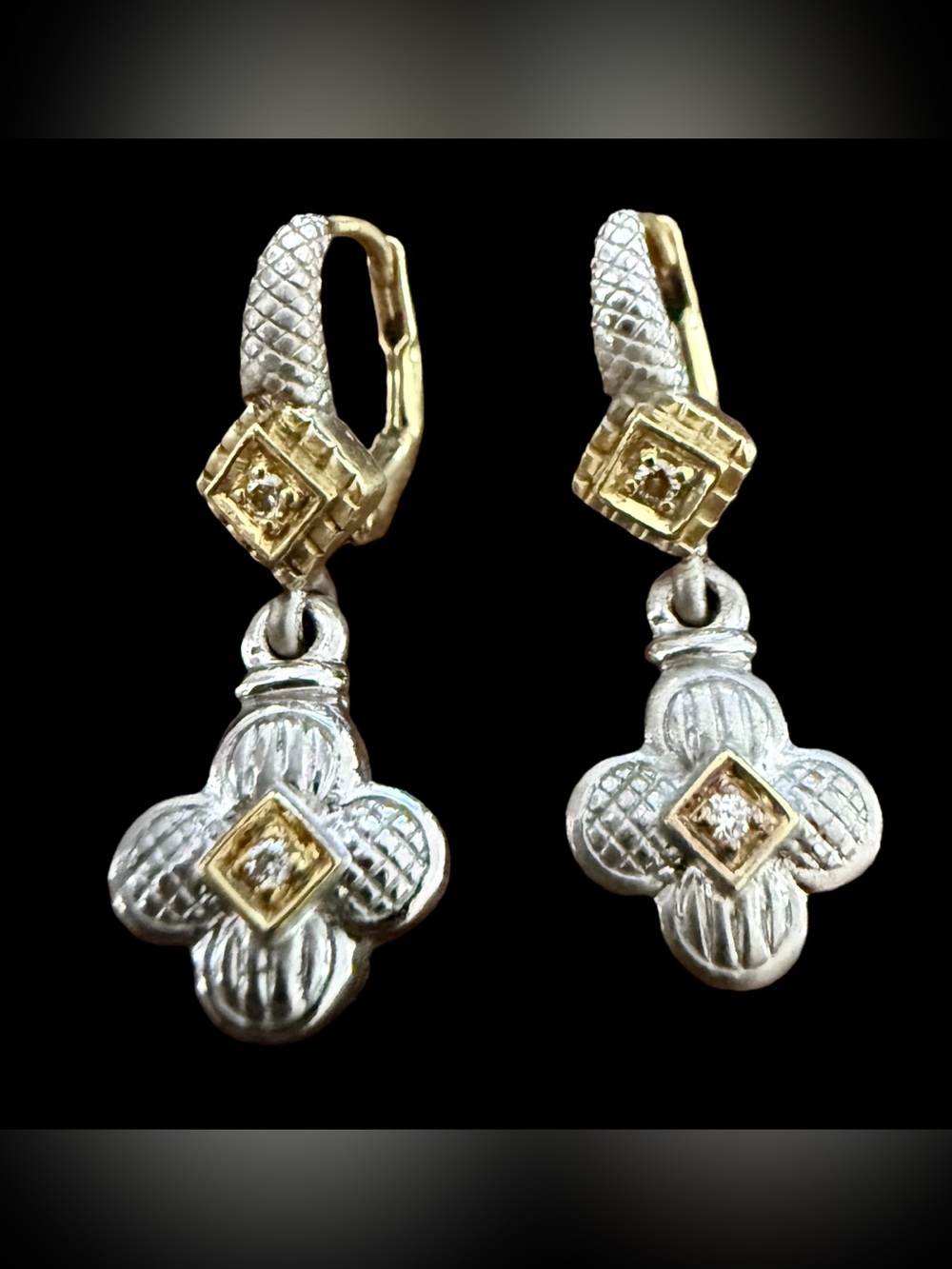 Authentic Judith Ripka TWO .925 Silver 18K Yellow Gold Clover Dangle Earrings